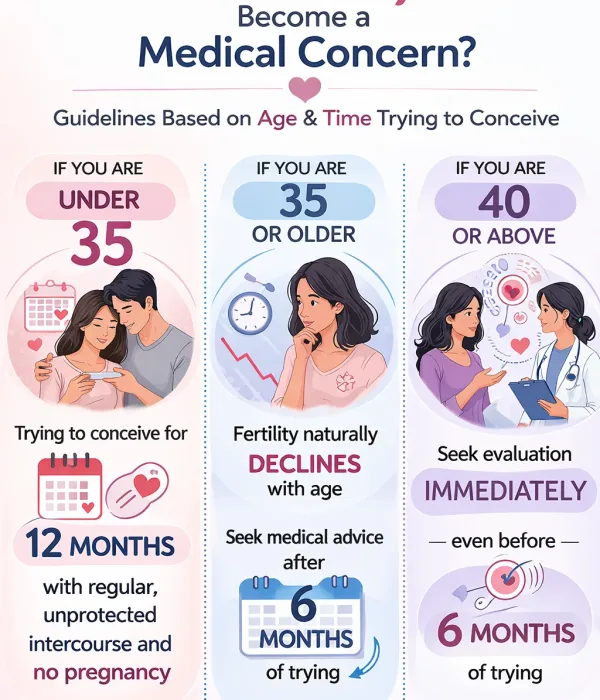 Infographic visual showing If You Are Under 35, trying to conceive for 12 months with regular, unprotected intercourse and have not conceived, consult a doctor. If You Are 35 or Older, fertility naturally declines with age, and earlier assessment can improve outcomes. Early assessment advised after 6 months of trying. If You Are 40 or Above, reasonable to seek evaluation immediately, even before 6 months of trying. See a fertility specialist.